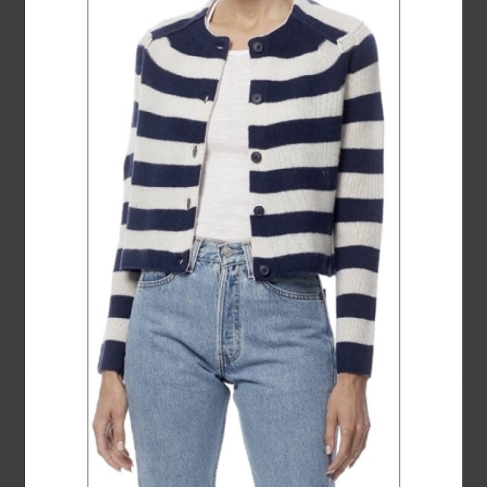 NWOT 360 Cashmere Mariner/Chalk Navy and Cream Striped Cardigan - Picture 7 of 7